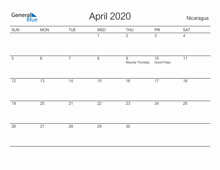 Printable April 2020 Calendar for Nicaragua