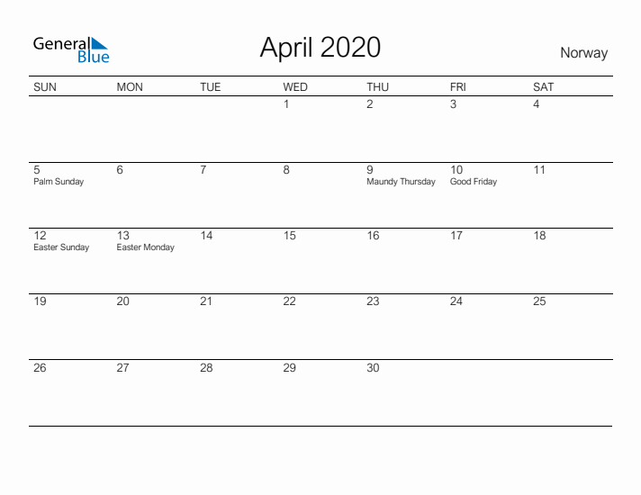 Printable April 2020 Calendar for Norway