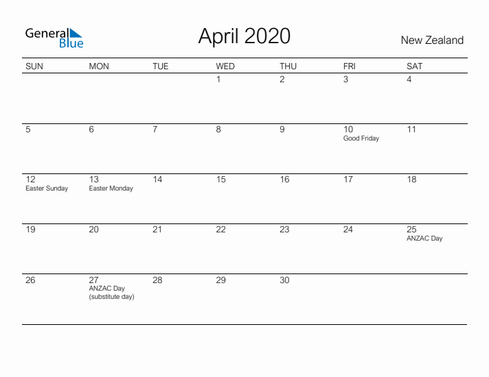 Printable April 2020 Calendar for New Zealand