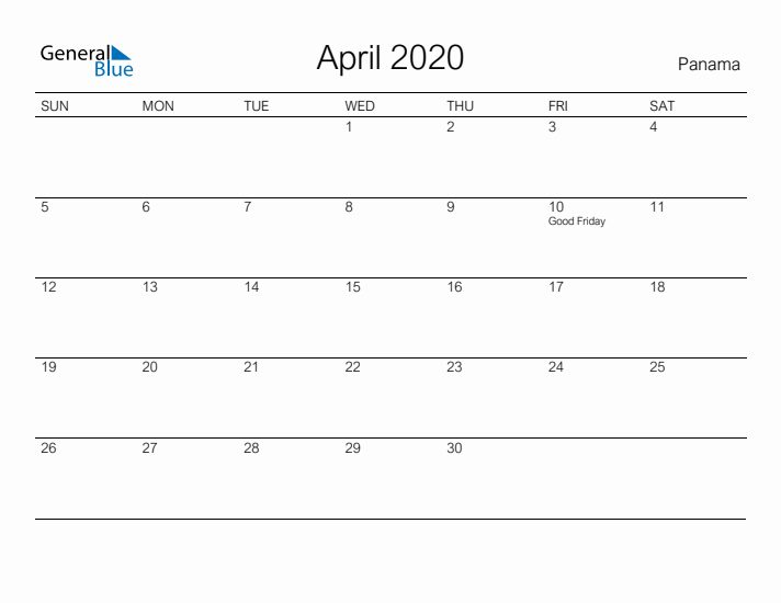 Printable April 2020 Calendar for Panama