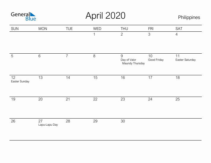 Printable April 2020 Calendar for Philippines