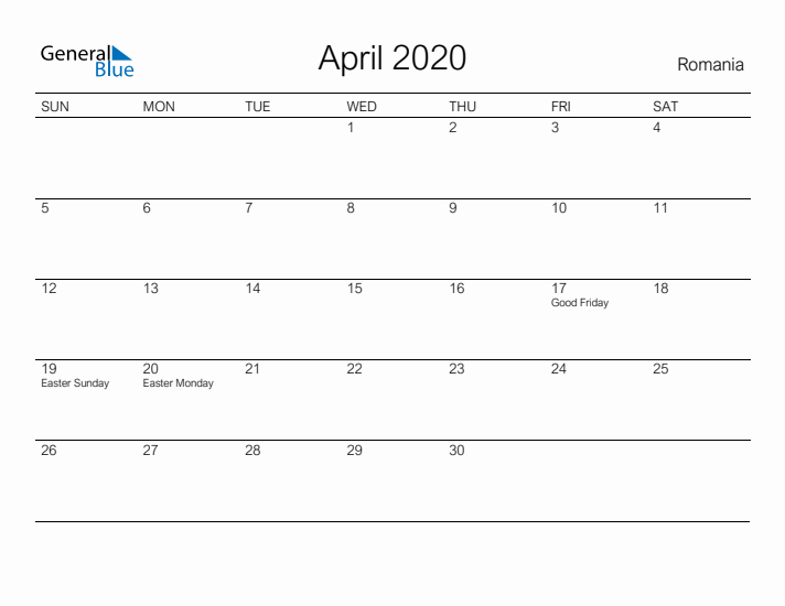 Printable April 2020 Calendar for Romania