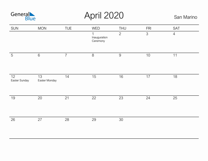 Printable April 2020 Calendar for San Marino