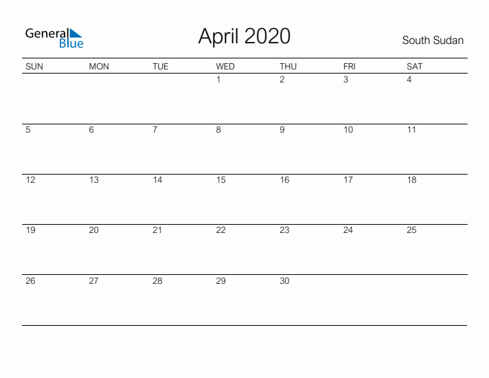 Printable April 2020 Calendar for South Sudan