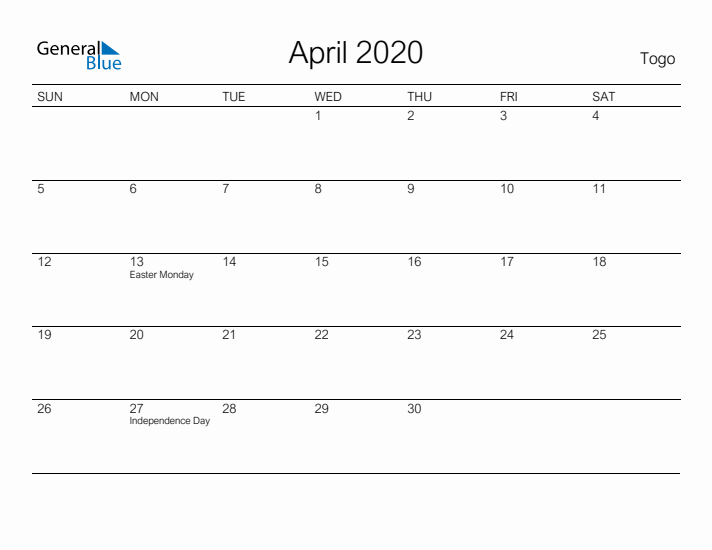 Printable April 2020 Calendar for Togo