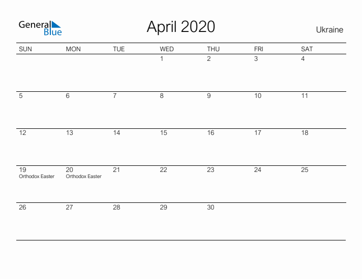 Printable April 2020 Calendar for Ukraine