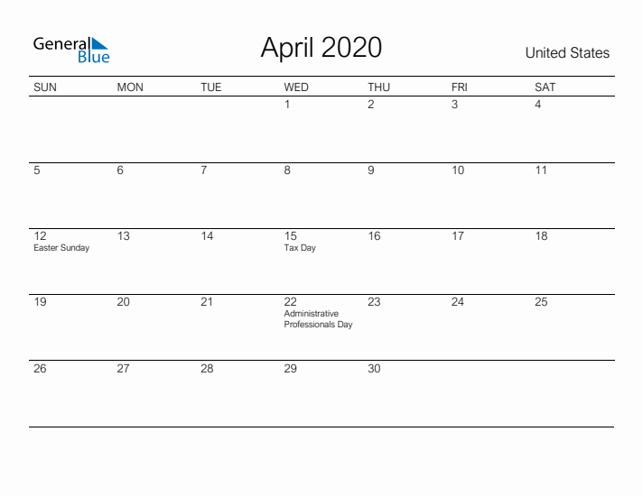 Printable April 2020 Calendar for United States