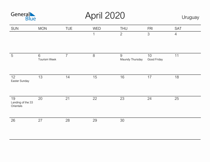 Printable April 2020 Calendar for Uruguay