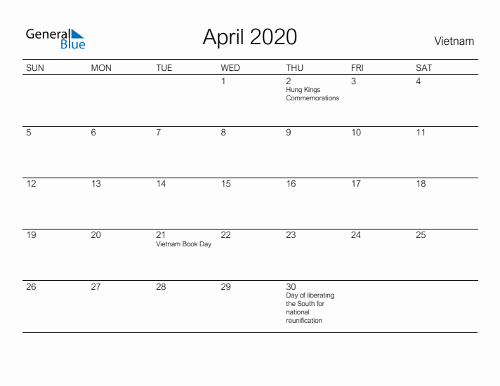 Printable April 2020 Calendar for Vietnam