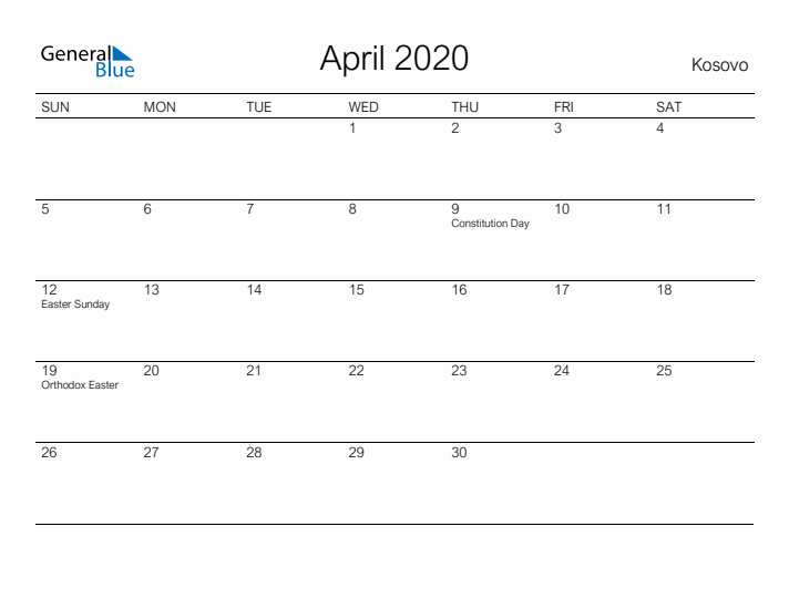 Printable April 2020 Calendar for Kosovo