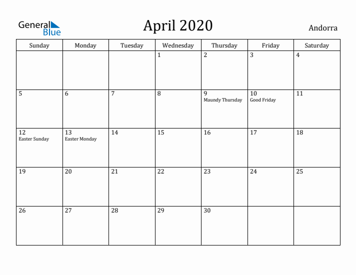 April 2020 Calendar Andorra