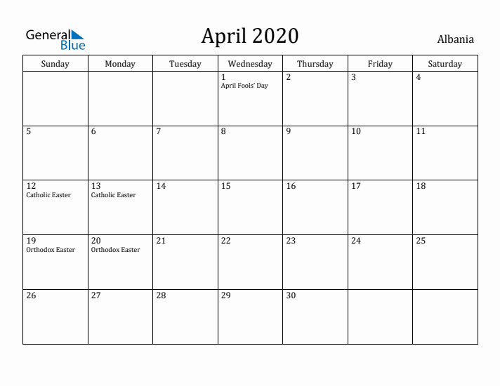 April 2020 Calendar Albania