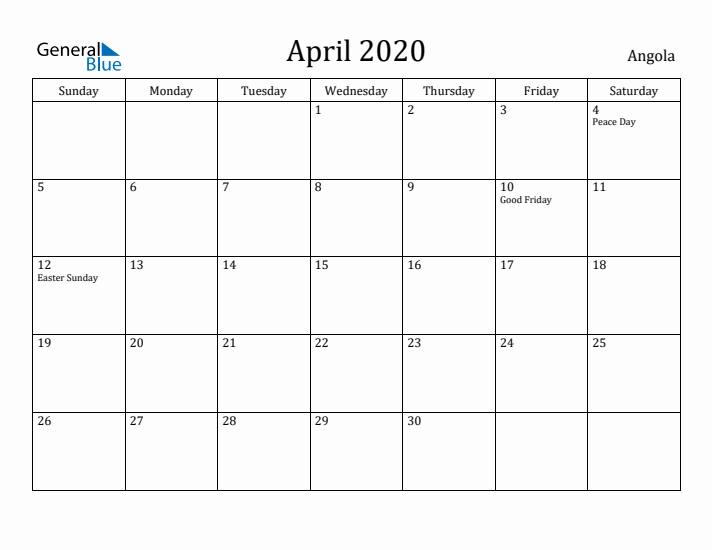 April 2020 Calendar Angola