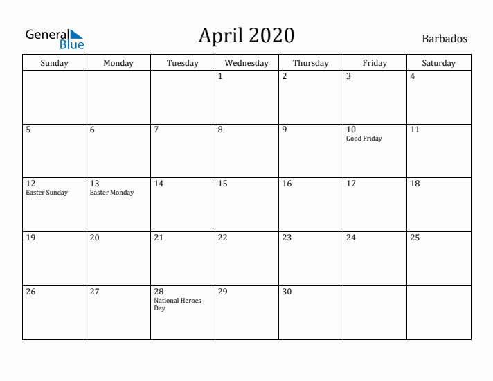 April 2020 Calendar Barbados