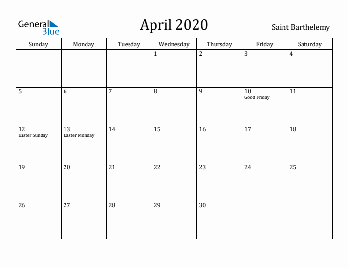 April 2020 Calendar Saint Barthelemy