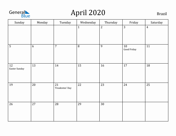 April 2020 Calendar Brazil