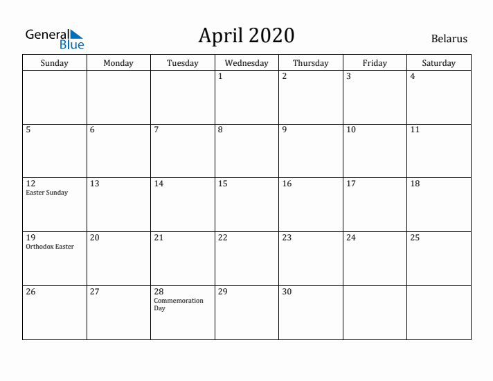 April 2020 Calendar Belarus