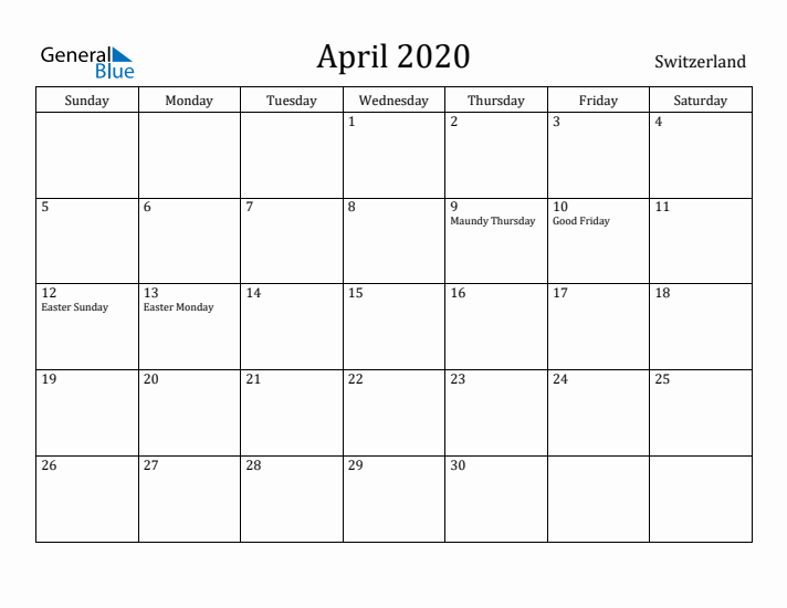 April 2020 Calendar Switzerland