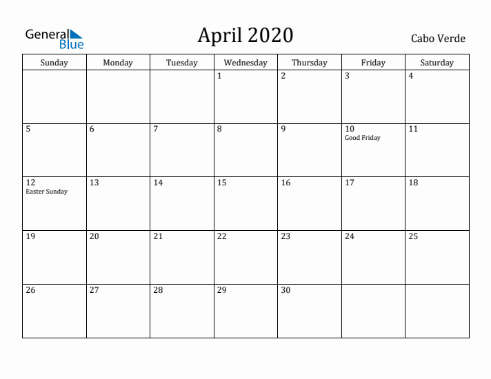 April 2020 Calendar Cabo Verde