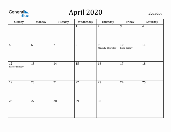 April 2020 Calendar Ecuador