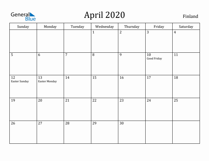 April 2020 Calendar Finland