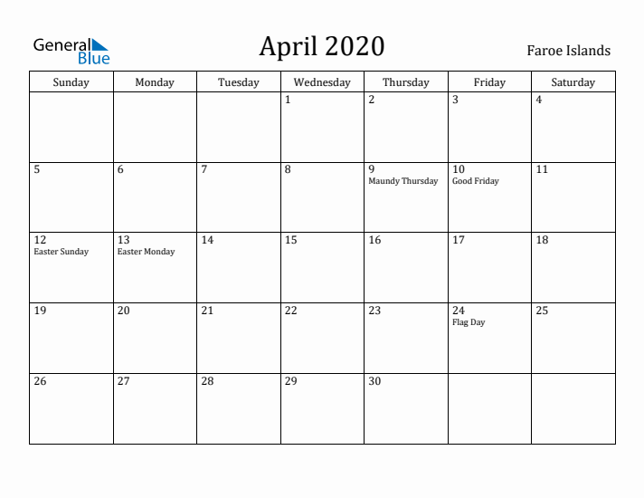 April 2020 Calendar Faroe Islands