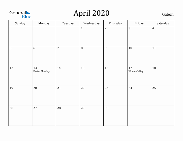 April 2020 Calendar Gabon