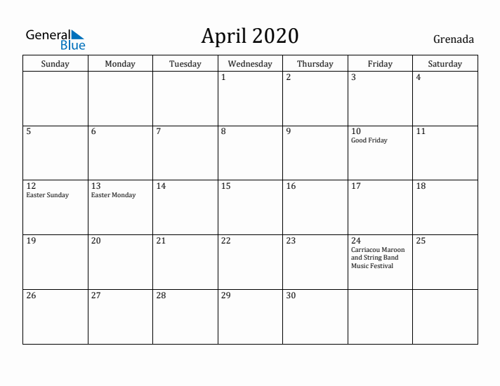 April 2020 Calendar Grenada