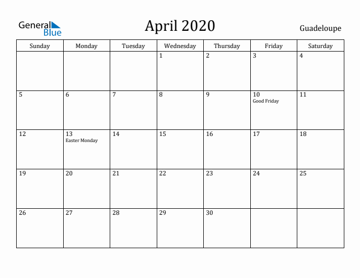 April 2020 Calendar Guadeloupe