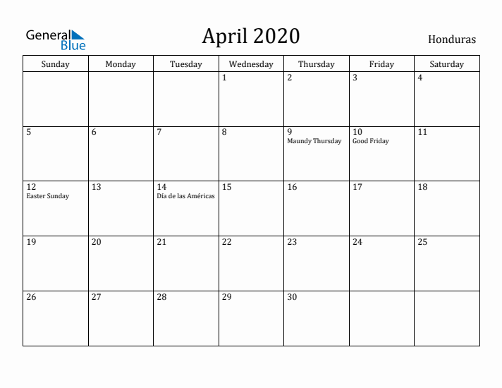 April 2020 Calendar Honduras