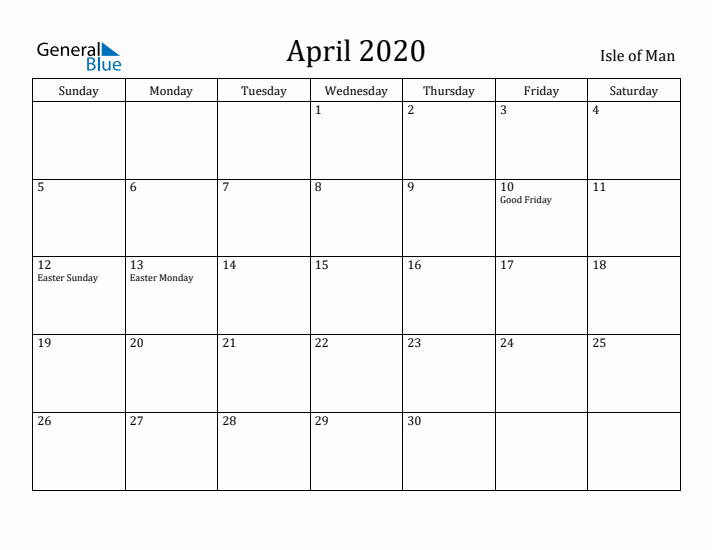 April 2020 Calendar Isle of Man