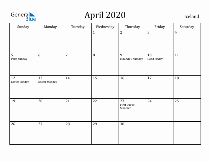 April 2020 Calendar Iceland