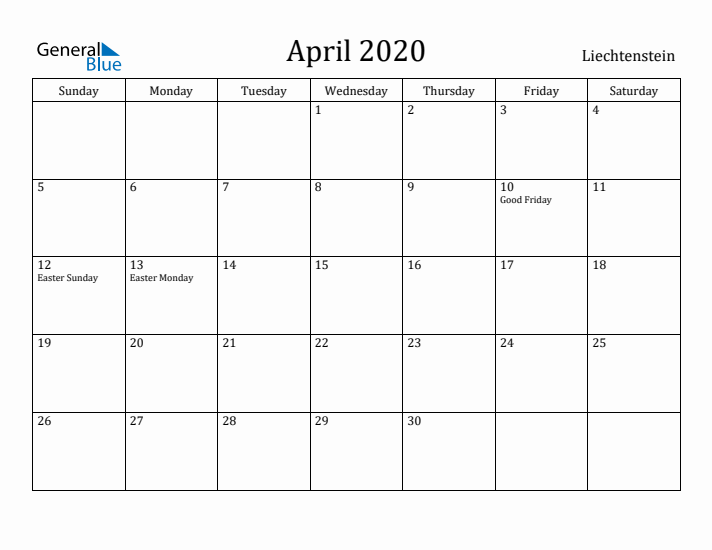 April 2020 Calendar Liechtenstein