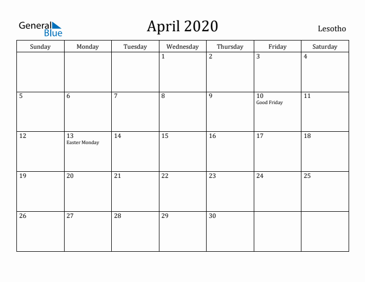 April 2020 Calendar Lesotho