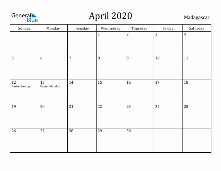 April 2020 Calendar Madagascar