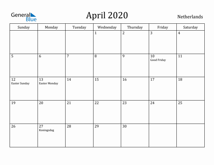 April 2020 Calendar The Netherlands