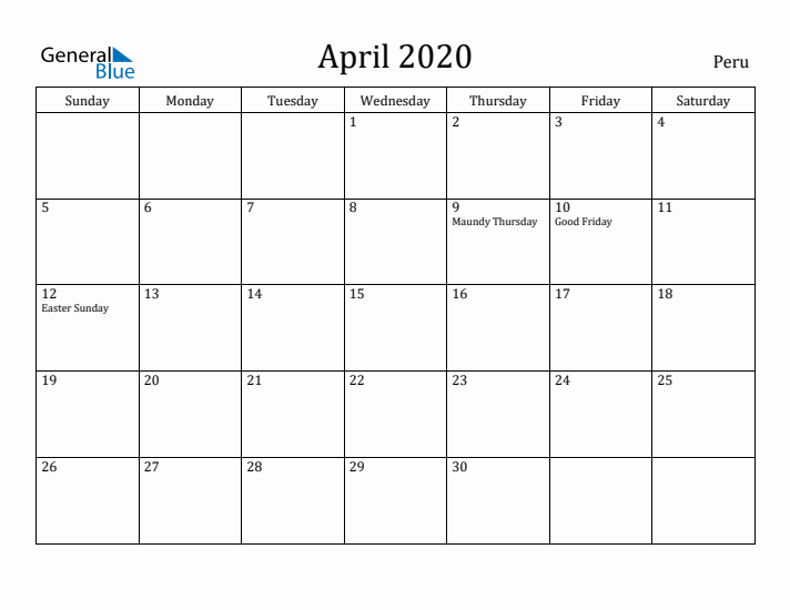 April 2020 Calendar Peru