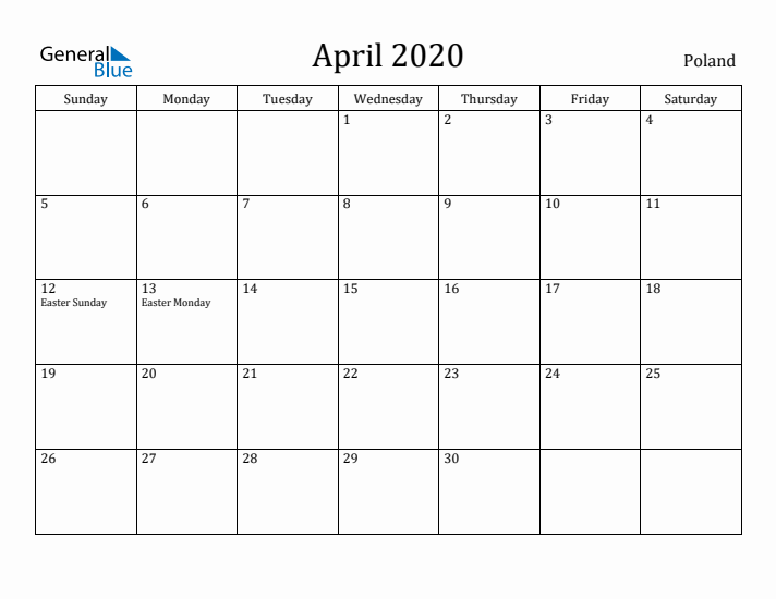 April 2020 Calendar Poland