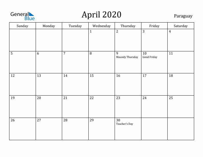 April 2020 Calendar Paraguay