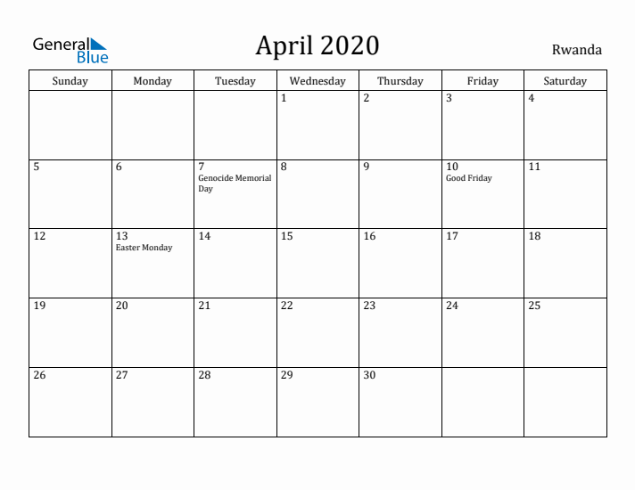 April 2020 Calendar Rwanda