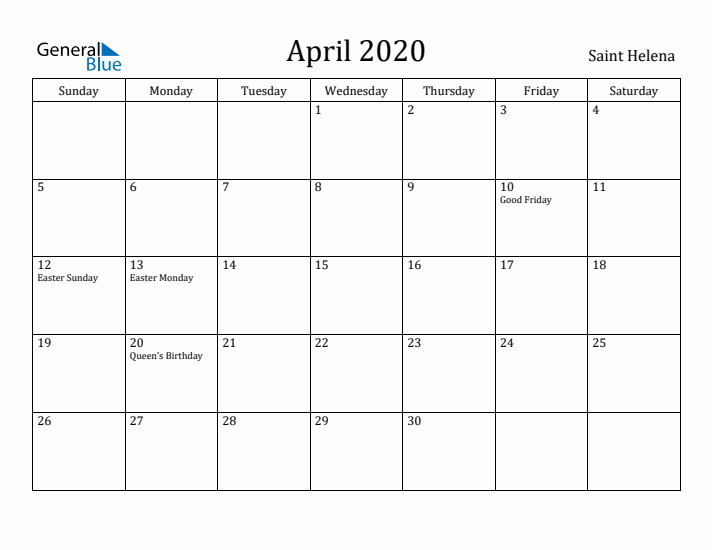 April 2020 Calendar Saint Helena