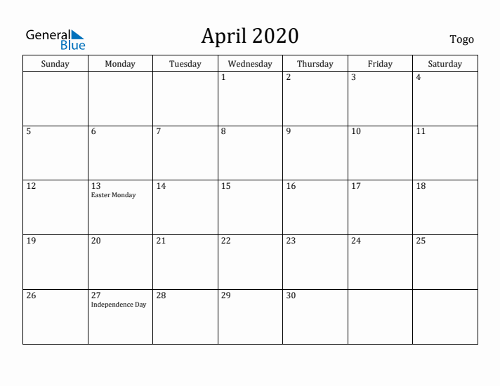 April 2020 Calendar Togo