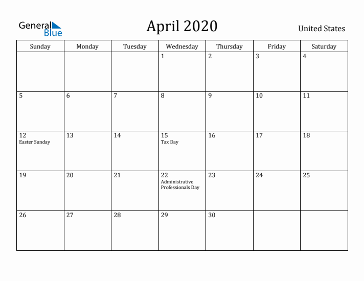 April 2020 Calendar United States