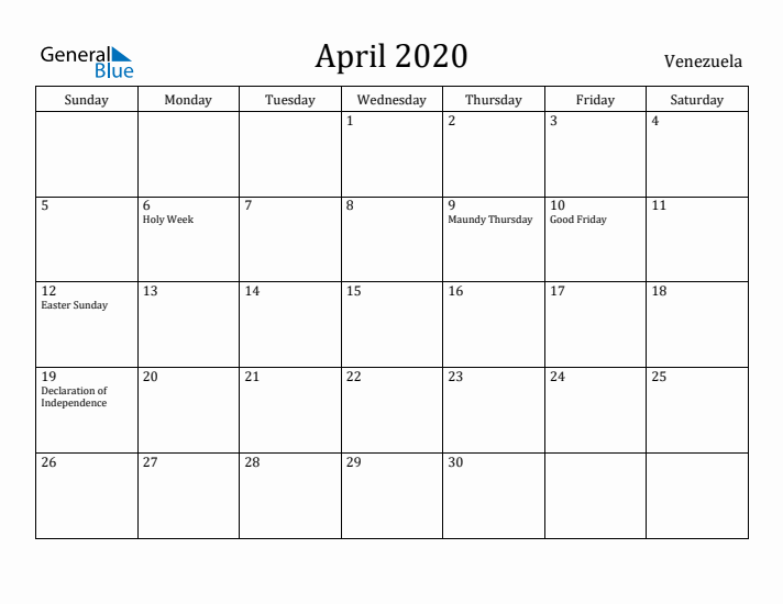 April 2020 Calendar Venezuela