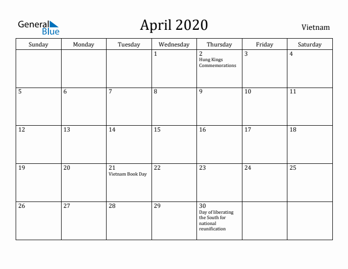 April 2020 Calendar Vietnam