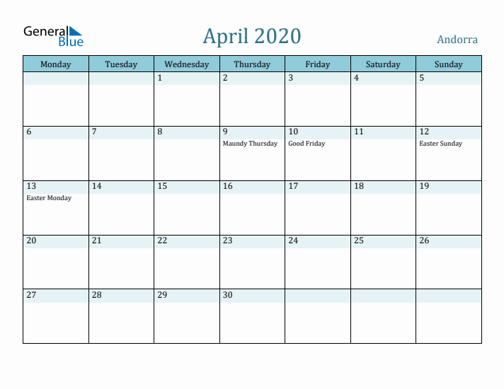 April 2020 Calendar with Holidays