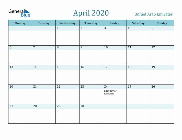 April 2020 Calendar with Holidays