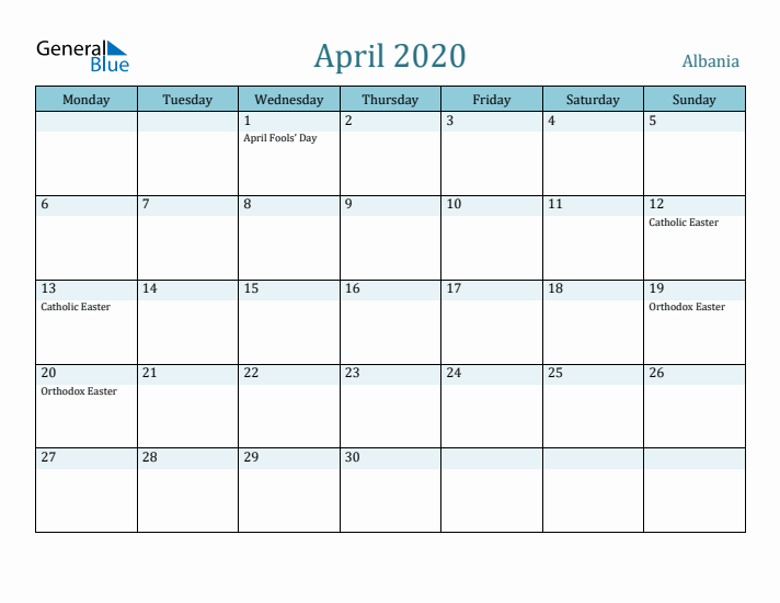 April 2020 Calendar with Holidays