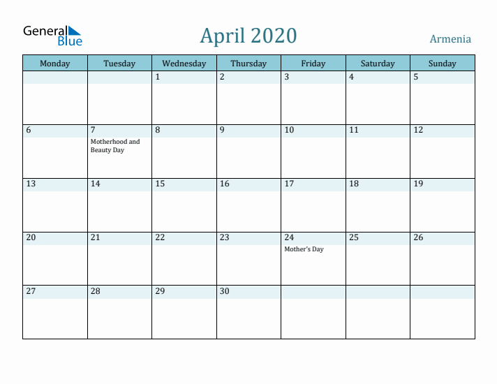 April 2020 Calendar with Holidays