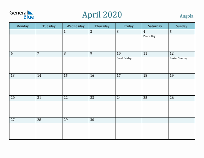 April 2020 Calendar with Holidays